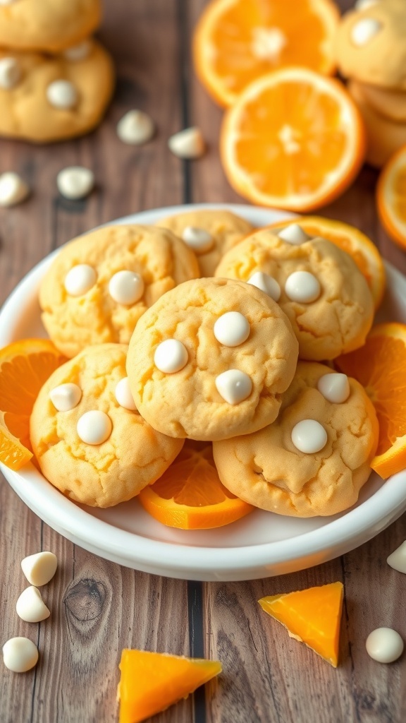 A plate of soft Orange Creamsicle Cookies with white chocolate chips and orange slices on a rustic wooden table.